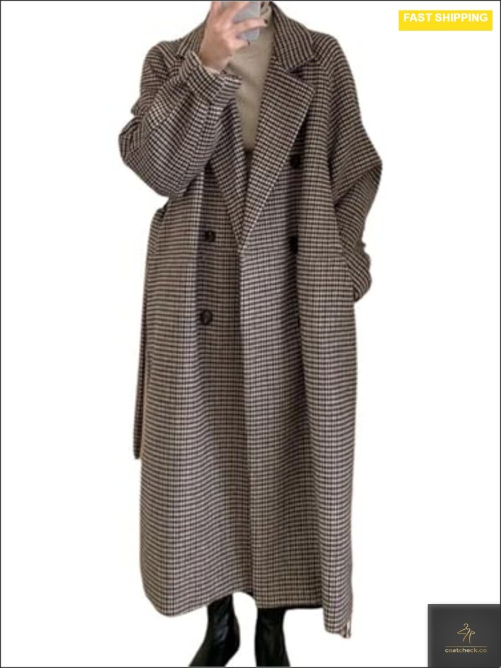 Women's Plaid Tweed Blazer Trench Coat Double Breasted Belted Midi Pea Coat